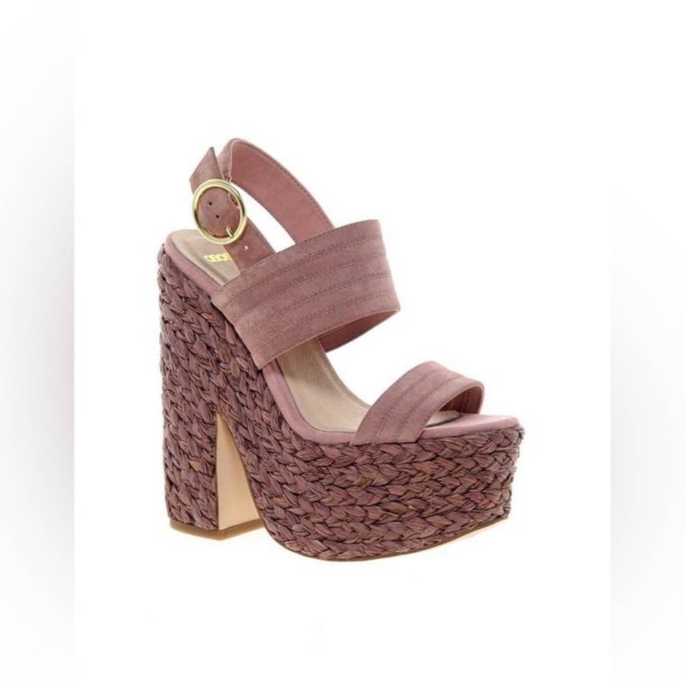 ASOS DESIGN Raffia Platform Block Heel Sandals Pink Faux Suede Size 5 (US 7)